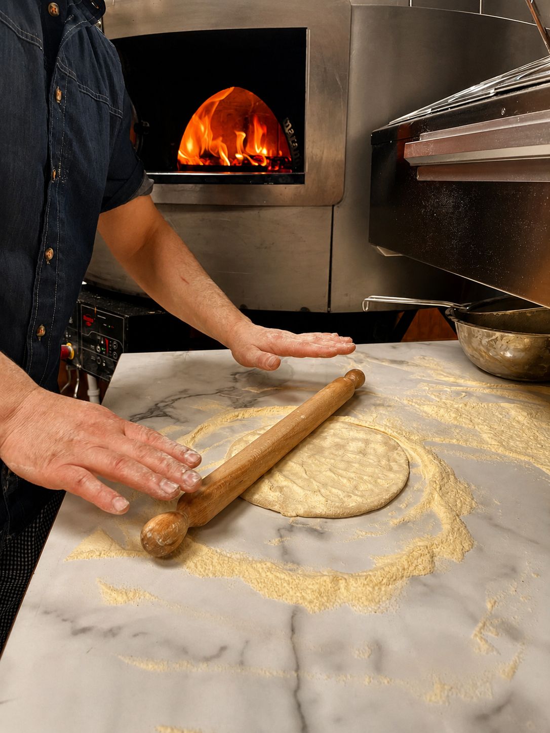 Pizzadegen kavlas för hand framför vedugnen