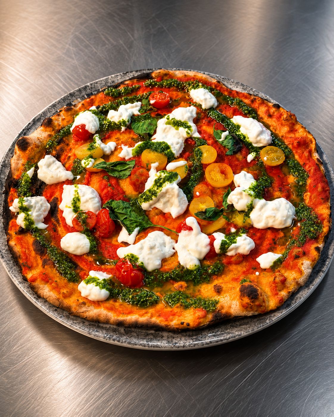 Romersk pizza med stracciatella, tomater och pesto